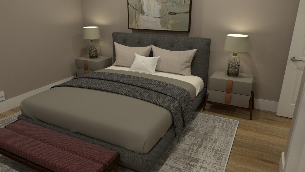 Cozy bedroom at Riverview Landing condominiums with bed, nightstands, and modern finishes