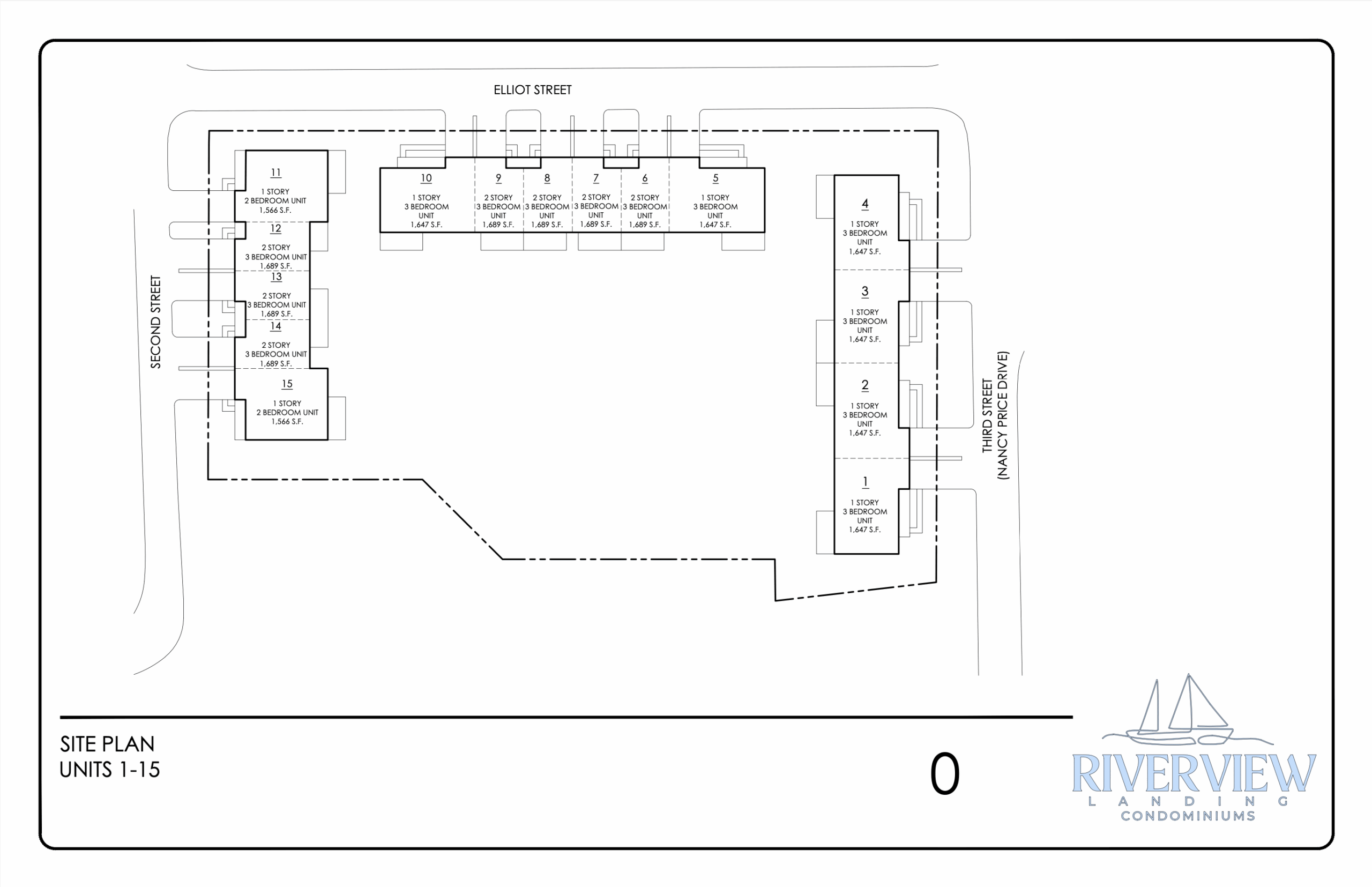 Site plan of Riverview Landing condominiums showing unit layout and building placement